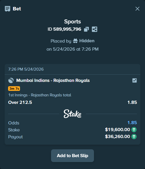 Bet slip: Mumbai Indians - Rajasthan Royals, $19,600.00 stake at 1.85 odds, placed by Hidden
