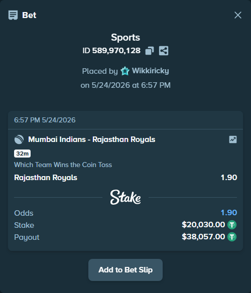 Bet slip: Mumbai Indians - Rajasthan Royals, $20,030.00 stake at 1.90 odds, placed by Wikkiricky