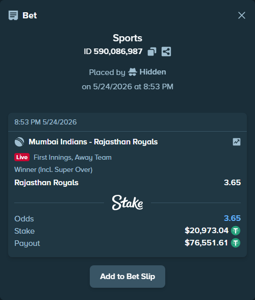 Bet slip: Mumbai Indians - Rajasthan Royals, $20,973.04 stake at 3.65 odds, placed by Hidden