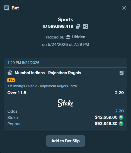 Bet slip: Mumbai Indians - Rajasthan Royals, $42,659.00 stake at 2.20 odds, placed by Hidden