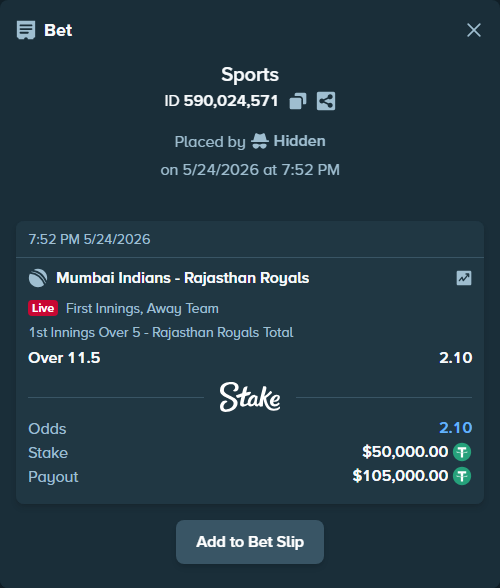 Bet slip: Mumbai Indians - Rajasthan Royals, $50,000.00 stake at 2.10 odds, placed by Hidden