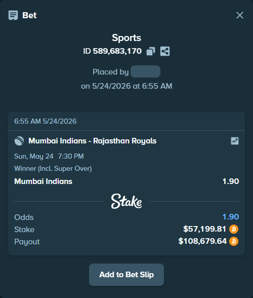 Bet slip: Mumbai Indians - Rajasthan Royals, $47,835.63 stake at 1.90 odds, placed by Baddy3130