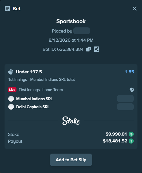 Bet slip: Mumbai Indians SRL - Delhi Capitals SRL, $10,000.00 stake at 1.85 odds, placed by Randy007799