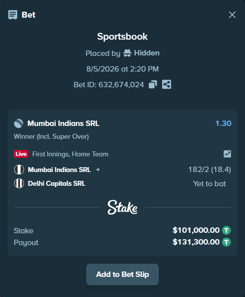 Bet slip: Mumbai Indians SRL - Delhi Capitals SRL, $101,101.00 stake at 1.30 odds, placed by Hidden