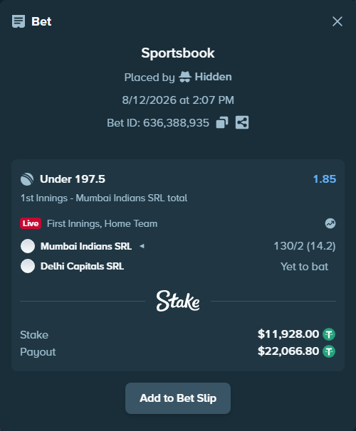 Bet slip: Mumbai Indians SRL - Delhi Capitals SRL, $11,939.93 stake at 1.85 odds, placed by Hidden