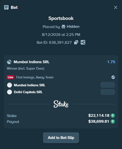 Bet slip: Mumbai Indians SRL - Delhi Capitals SRL, $22,136.29 stake at 1.75 odds, placed by Hidden