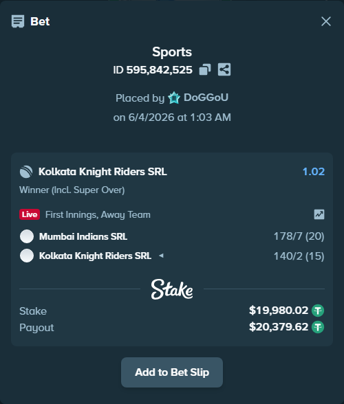 Bet slip: Mumbai Indians SRL - Kolkata Knight Riders SRL, $20,000.00 stake at 1.02 odds, placed by DoGGoU
