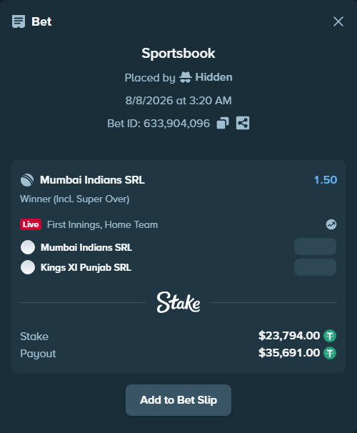 Bet slip: Mumbai Indians SRL - Punjab Kings SRL, $23,817.79 stake at 1.50 odds, placed by Hidden