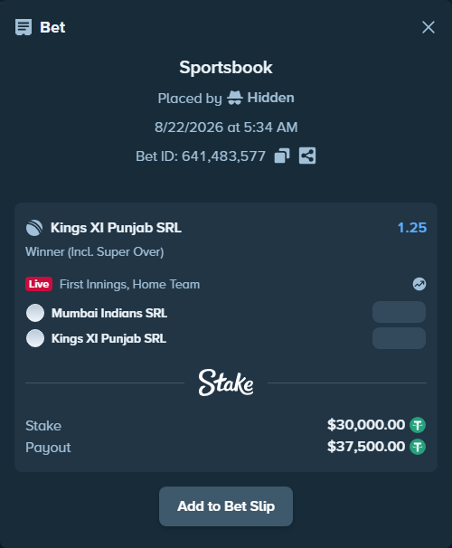 Bet slip: Mumbai Indians SRL - Punjab Kings SRL, $30,000.00 stake at 1.25 odds, placed by Hidden