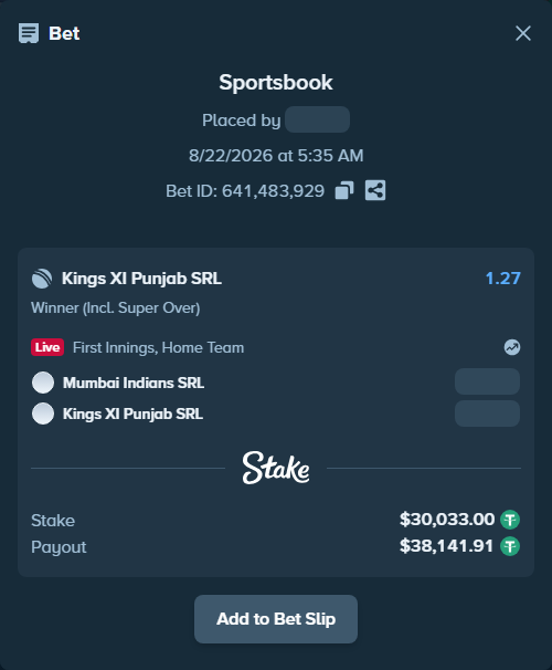 Bet slip: Mumbai Indians SRL - Punjab Kings SRL, $30,033.00 stake at 1.27 odds, placed by riaggo1