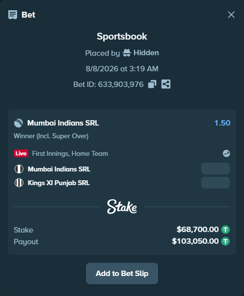 Bet slip: Mumbai Indians SRL - Punjab Kings SRL, $68,768.70 stake at 1.50 odds, placed by Hidden