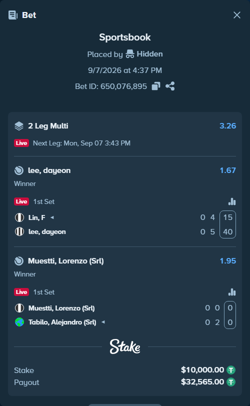Bet slip: Musetti, Lorenzo (SRL) - Tabilo, Alejandro (Srl), $10,000.00 stake at 1.95 odds, placed by Hidden