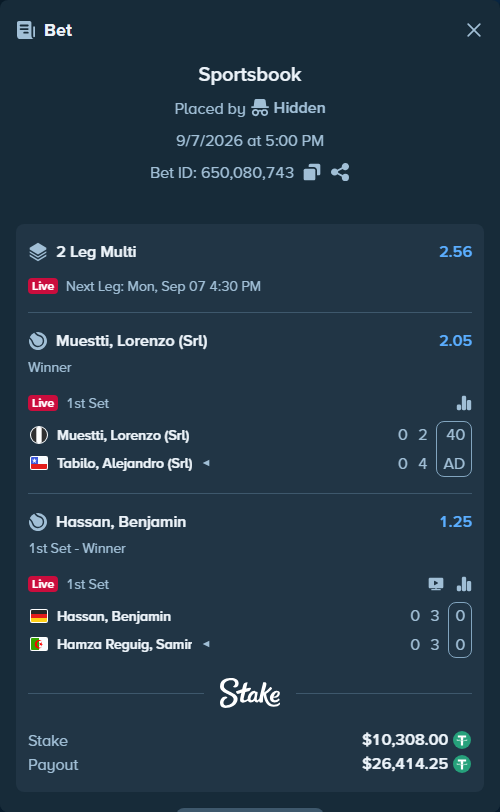 Bet slip: Musetti, Lorenzo (SRL) - Tabilo, Alejandro (Srl), $10,308.00 stake at 2.05 odds, placed by Hidden