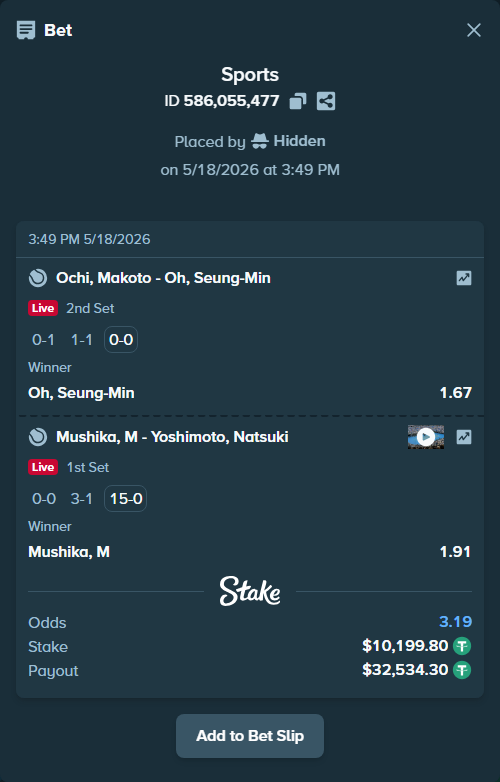 Bet slip: Mushika, M - Yoshimoto, Natsuki, $10,210.00 stake at 1.91 odds, placed by Hidden