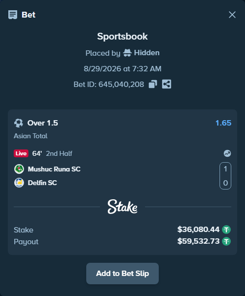 Bet slip: Mushuc Runa SC - Delfin SC, $36,080.44 stake at 1.65 odds, placed by Hidden