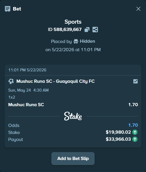 Bet slip: Mushuc Runa SC - Guayaquil City FC, $20,000.00 stake at 1.70 odds, placed by Hidden