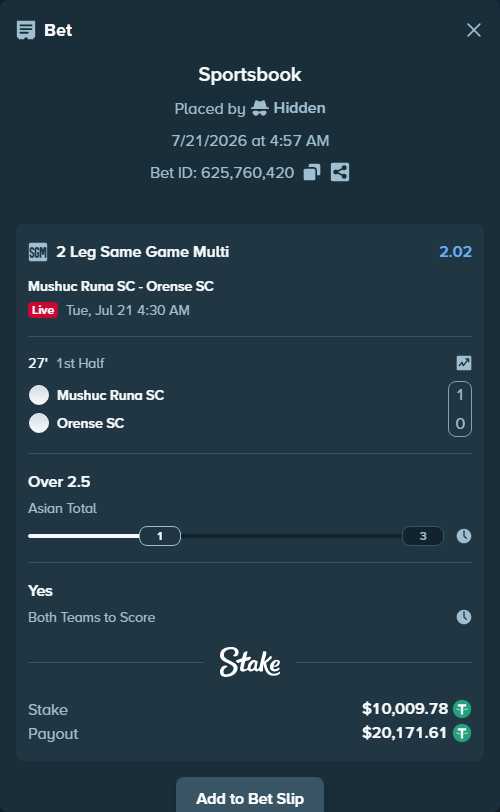 Bet slip: Mushuc Runa SC - Orense SC, $10,019.79 stake at 1.55 odds, placed by Hidden
