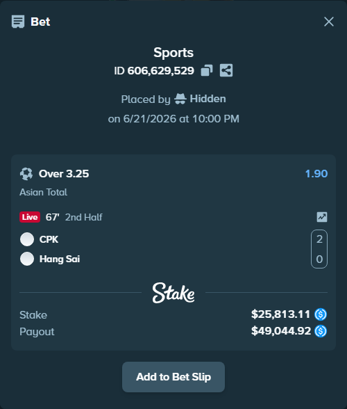 Bet slip: Must IPO - Hang Sai, $25,813.11 stake at 1.90 odds, placed by Hidden