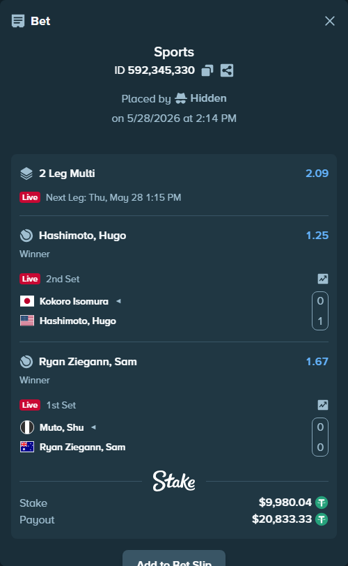Bet slip: Muto, Shu - Ryan Ziegann, Sam, $10,000.00 stake at 1.67 odds, placed by Hidden