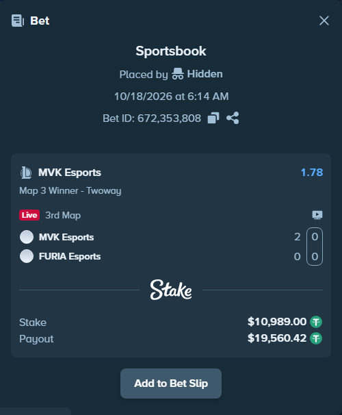 Bet slip: MVK Esports - FURIA Esports, $10,999.99 stake at 1.78 odds, placed by 도다리