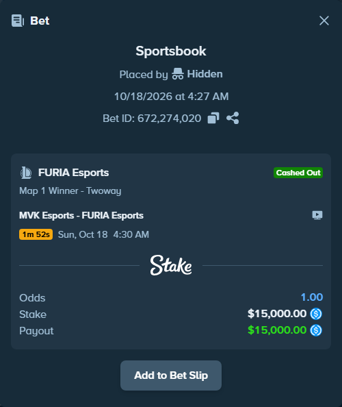 Bet slip: MVK Esports - FURIA Esports, $15,000.00 stake at 1.62 odds, placed by dumanskyi
