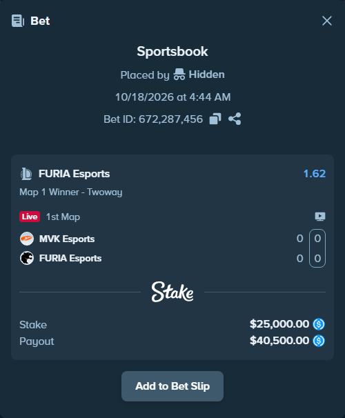 Bet slip: MVK Esports - FURIA Esports, $25,000.00 stake at 1.62 odds, placed by Hidden
