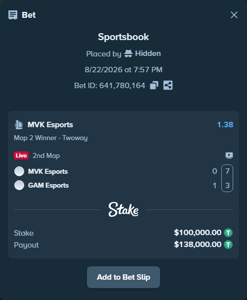 Bet slip: MVK Esports - GAM Esports, $100,000.00 stake at 1.38 odds, placed by Hidden