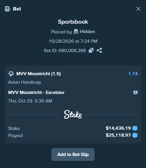 Bet slip: MVV Maastricht - Excelsior, $14,436.19 stake at 1.74 odds, placed by Hidden