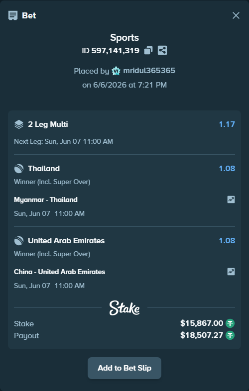 Bet slip: Myanmar - Thailand, $15,867.00 stake at 1.08 odds, placed by mridul365365