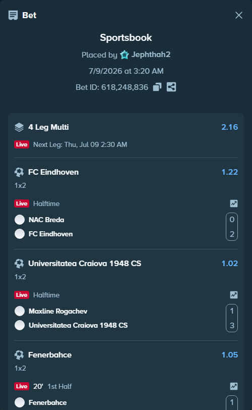 Bet slip: NAC Breda - FC Eindhoven, $10,000.00 stake at 1.22 odds, placed by Jephthah2