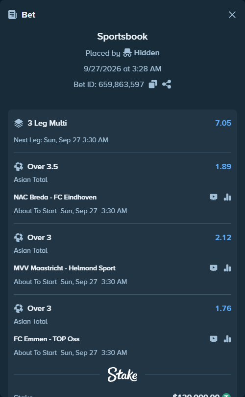 Bet slip: NAC Breda - FC Eindhoven, $120,000.00 stake at 1.89 odds, placed by Hidden