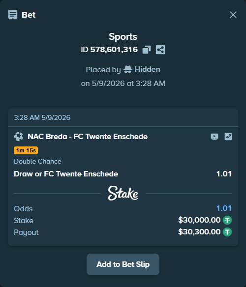 Bet slip: NAC Breda - FC Twente Enschede, $30,000.00 stake at 1.01 odds, placed by Hidden
