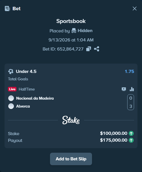 Bet slip: Nacional Madeira - Alverca, $100,000.00 stake at 1.75 odds, placed by Hidden