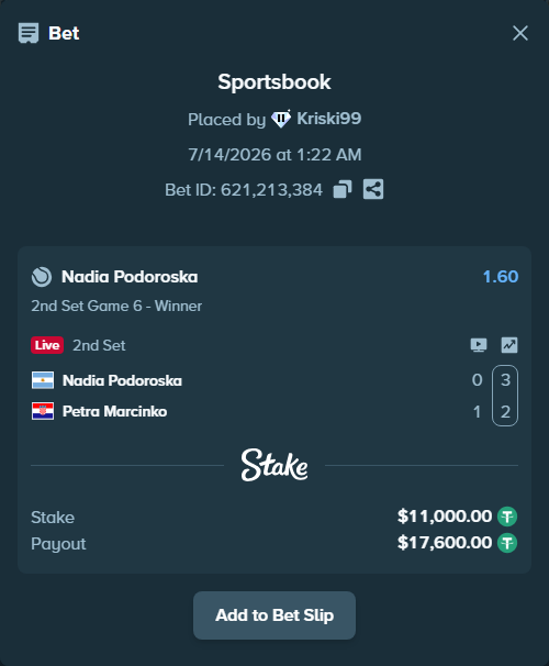 Bet slip: Nadia Podoroska - Petra Marcinko, $11,011.00 stake at 1.60 odds, placed by Kriski99