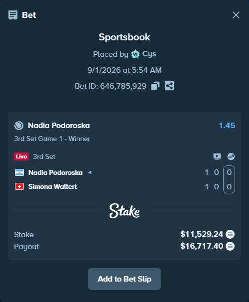Bet slip: Nadia Podoroska - Simona Waltert, $11,502.09 stake at 1.45 odds, placed by Cys