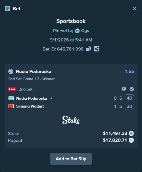 Bet slip: Nadia Podoroska - Simona Waltert, $11,503.56 stake at 1.55 odds, placed by Cys