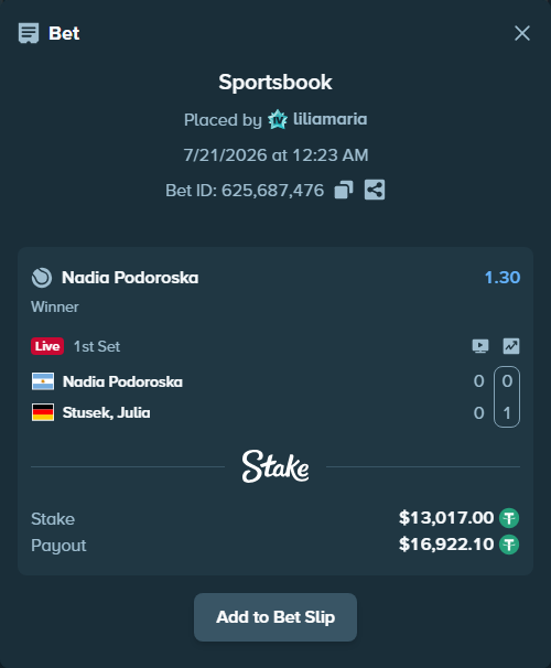 Bet slip: Nadia Podoroska - Stusek, Julia, $13,030.02 stake at 1.30 odds, placed by liliamaria
