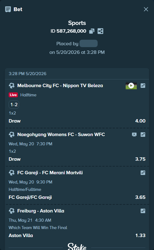 Bet slip: Naegohyang Womens FC - Suwon WFC, $33,224.93 stake at 3.75 odds, placed by xxxboom