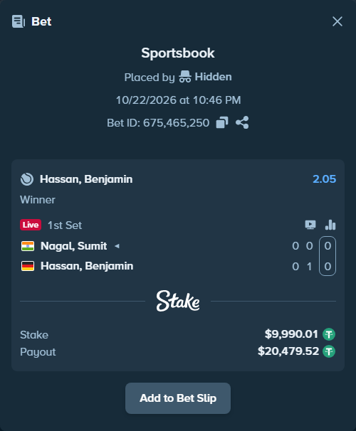 Bet slip: Nagal, Sumit - Hassan, Benjamin, $10,000.00 stake at 2.05 odds, placed by Hidden