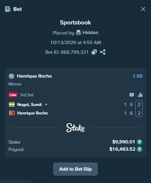 Bet slip: Nagal, Sumit - Henrique Rocha, $10,000.00 stake at 1.65 odds, placed by WinTr10