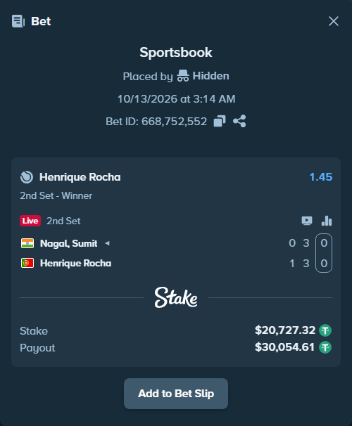 Bet slip: Nagal, Sumit - Henrique Rocha, $20,748.04 stake at 1.45 odds, placed by Hidden