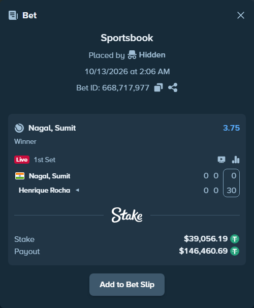 Bet slip: Nagal, Sumit - Henrique Rocha, $39,095.24 stake at 3.75 odds, placed by Hidden