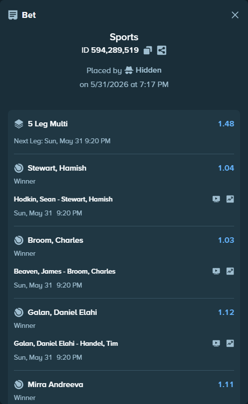 Bet slip: Nagal, Sumit - Kestelboim, Mariano, $15,373.61 stake at 1.11 odds, placed by Hidden