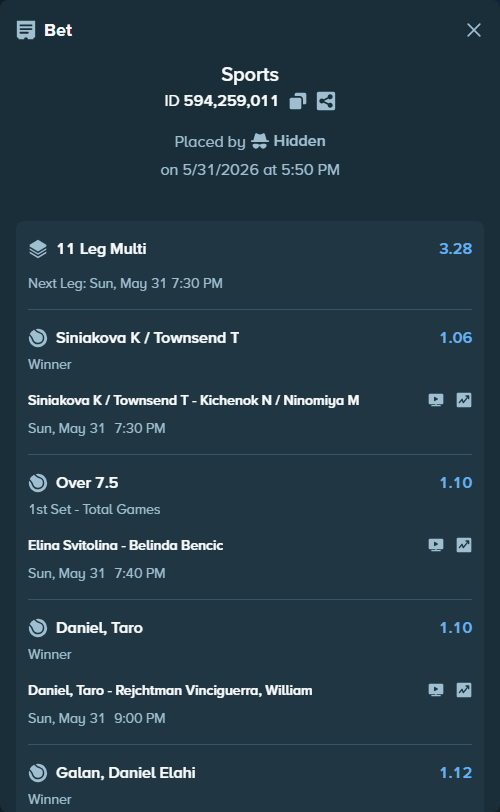 Bet slip: Nagal, Sumit - Kestelboim, Mariano, $60,370.79 stake at 1.11 odds, placed by Hidden