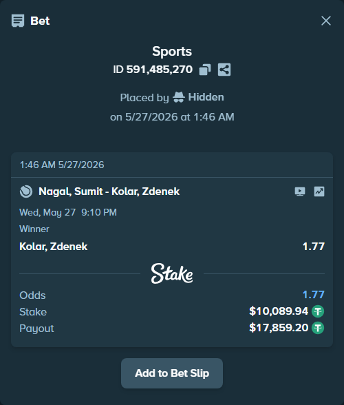Bet slip: Nagal, Sumit - Kolar, Zdenek, $10,100.03 stake at 1.77 odds, placed by Hidden