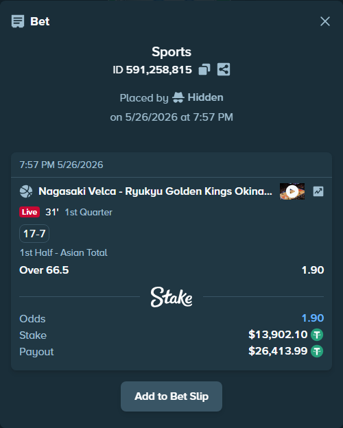 Bet slip: Nagasaki Velca - Ryukyu Golden Kings Okinawa, $13,916.00 stake at 1.90 odds, placed by Hidden