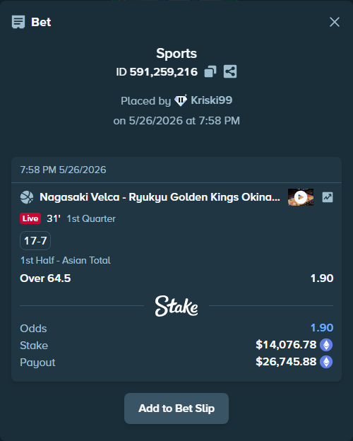 Bet slip: Nagasaki Velca - Ryukyu Golden Kings Okinawa, $11,574.50 stake at 1.90 odds, placed by Kriski99