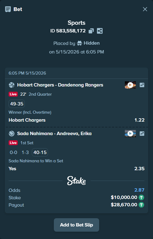 Bet slip: Nahimana, Sada - Andreeva, Erika, $10,000.00 stake at 2.35 odds, placed by Hidden