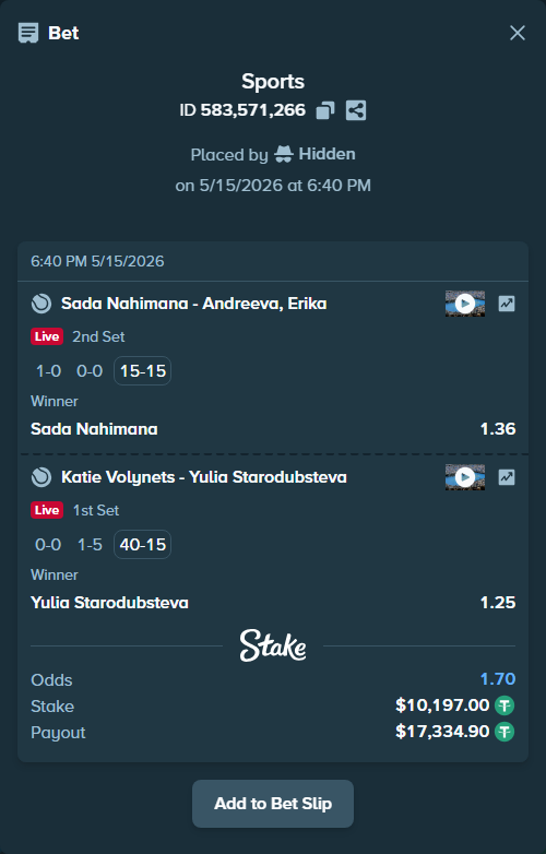 Bet slip: Nahimana, Sada - Andreeva, Erika, $10,197.00 stake at 1.36 odds, placed by Hidden