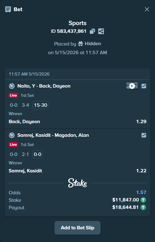 Bet slip: Naito, Y - Back, Dayeon, $11,847.00 stake at 1.29 odds, placed by Hidden